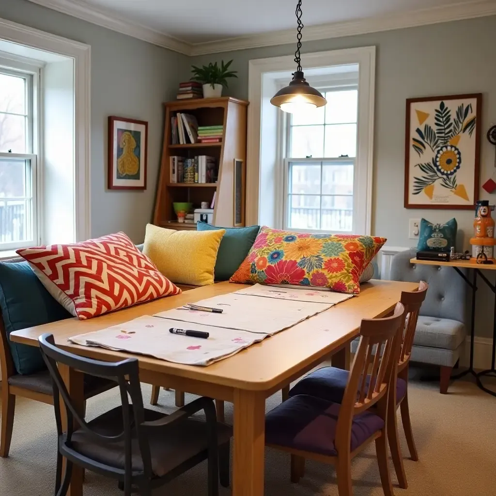 a photo of a basement craft room with vibrant throw pillows on a crafting table