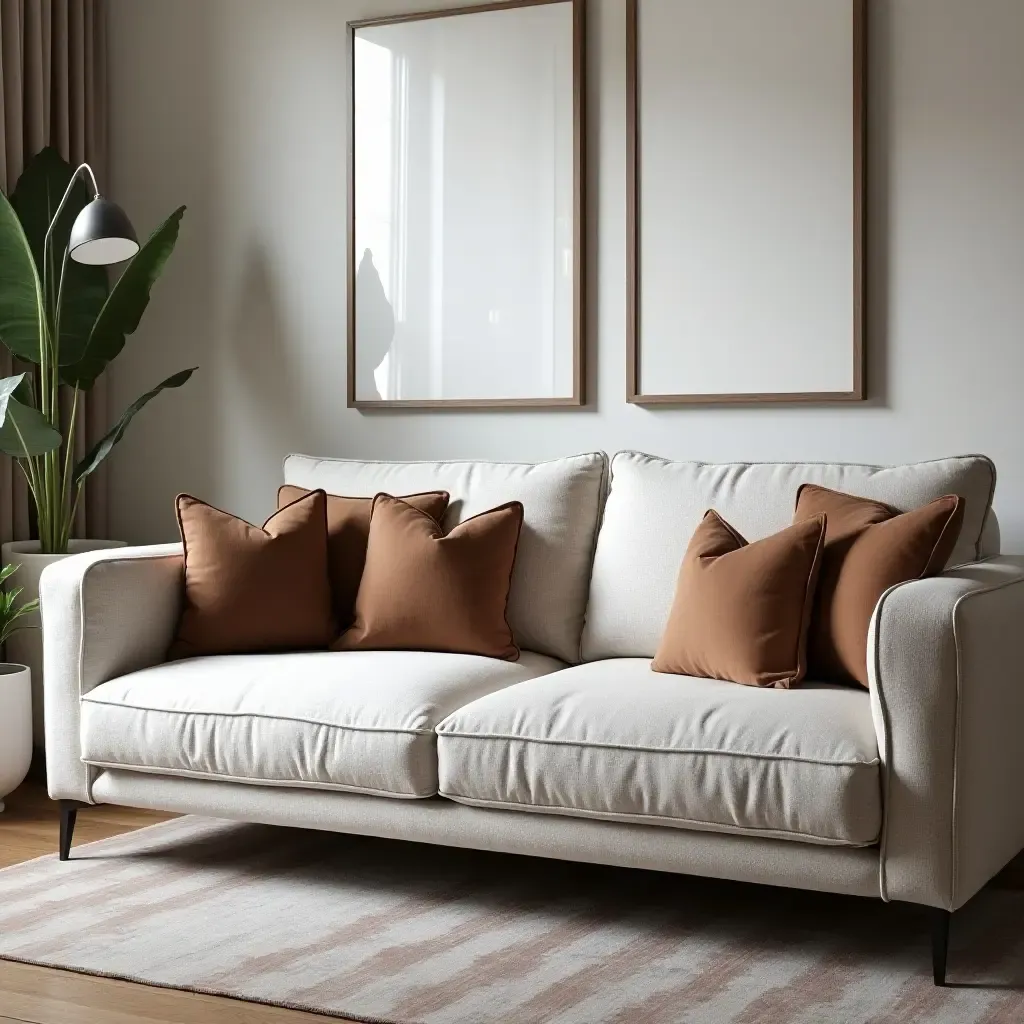 a photo of a chic boutique-style living room with designer throw pillows on a sleek sofa