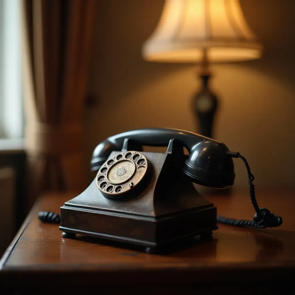 a photo of an old-fashioned telephone on a side table