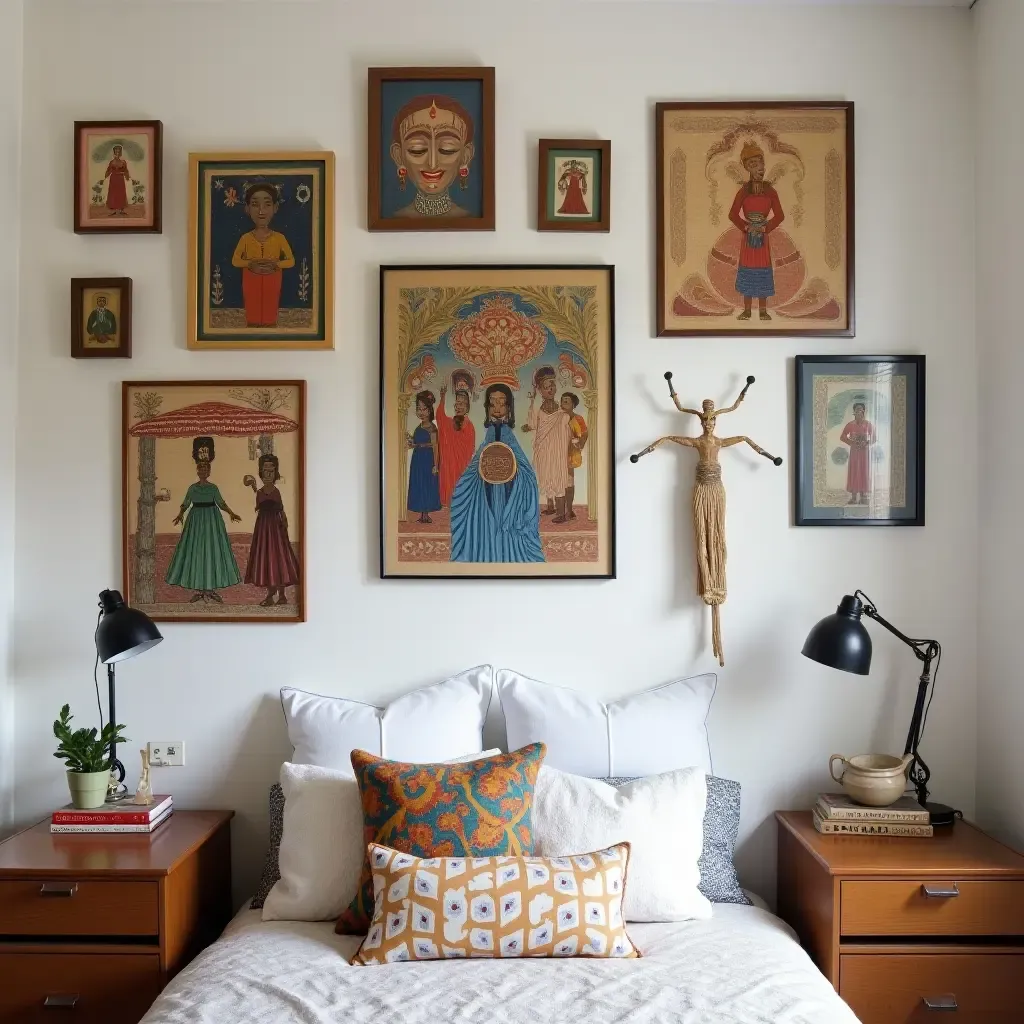 a photo of a cultural gallery wall showcasing art from different cultures in a globally-inspired teen bedroom