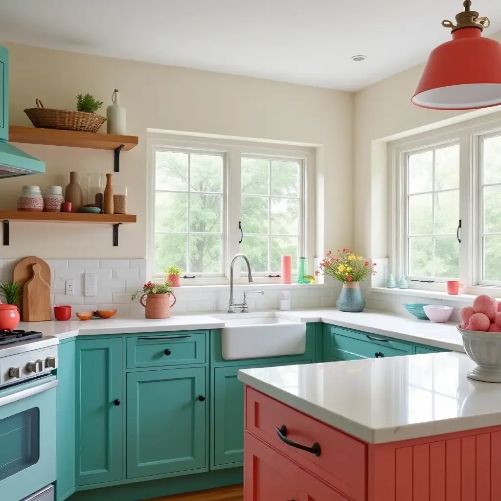 a photo of a charming coral and turquoise kitchen with beachy vibes