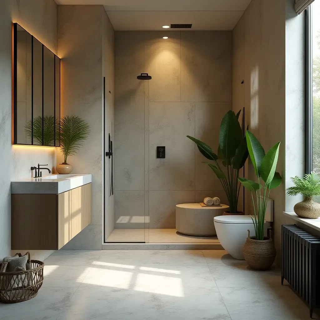 a photo of a bathroom with a natural stone shower and plants