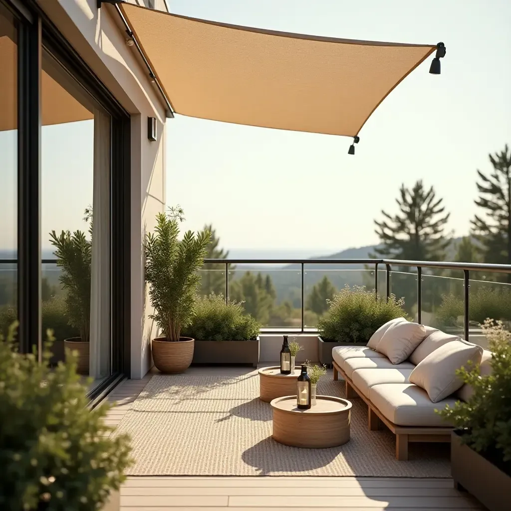 a photo of a balcony with a sunshade and outdoor cushions