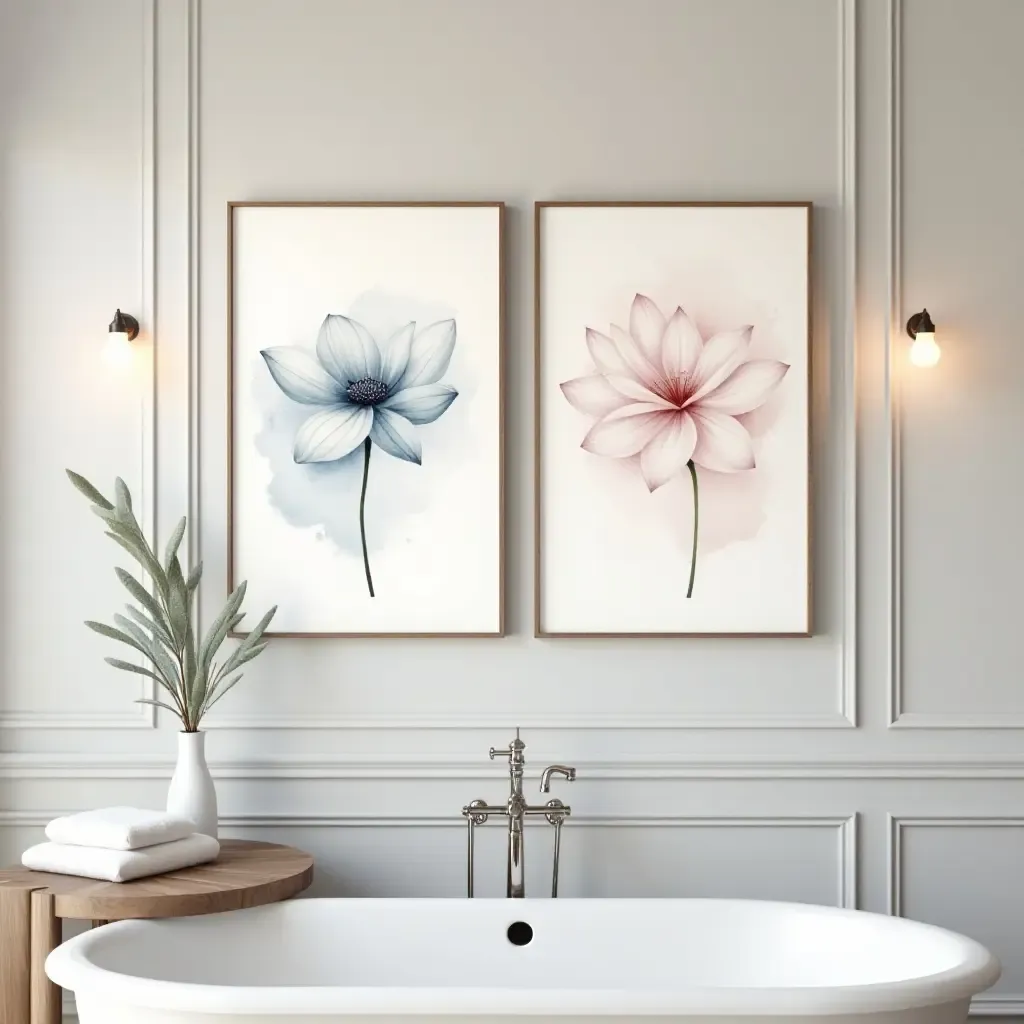 a photo of elegant watercolor art pieces in a spa-like bathroom