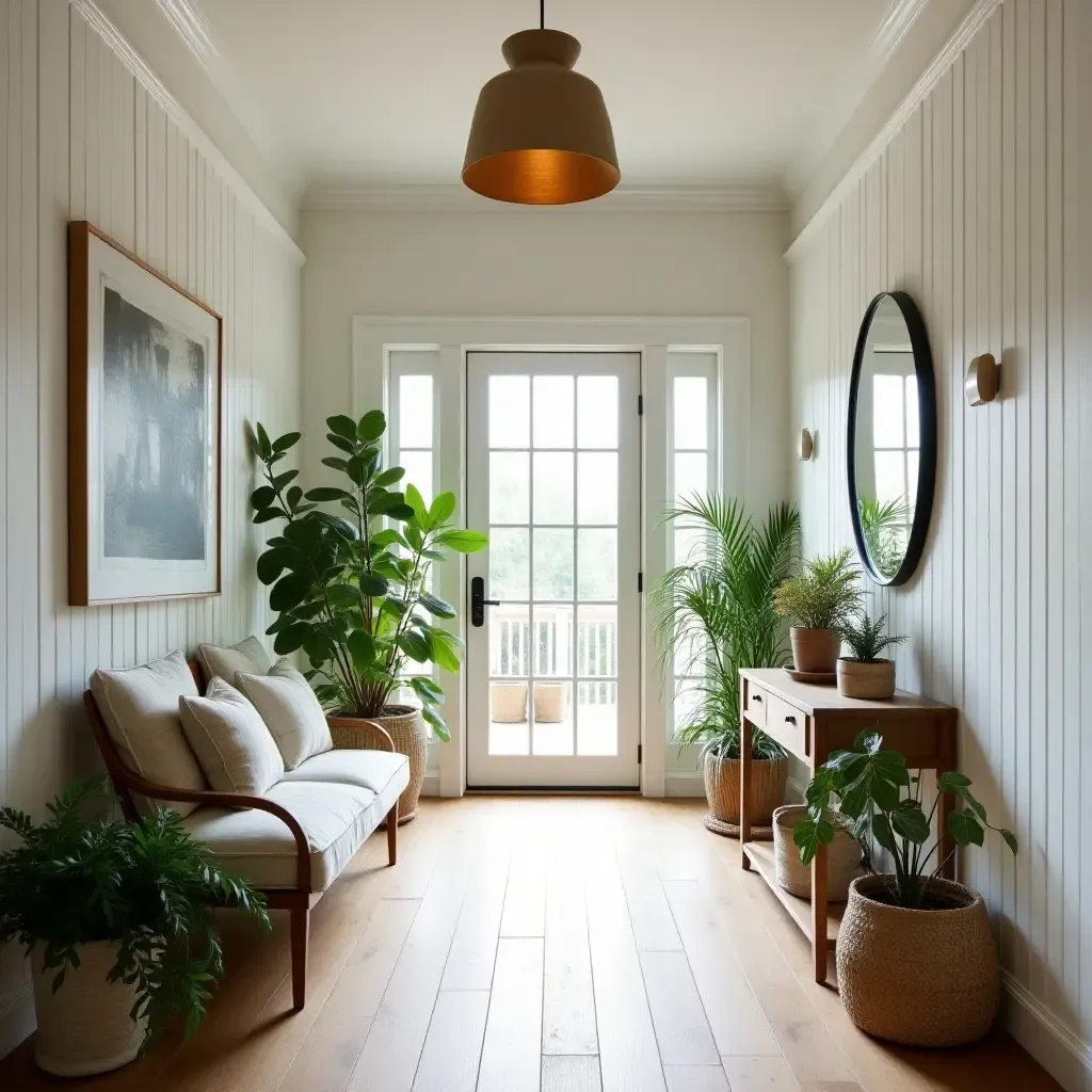 a photo of a farmhouse-style corridor with a mix of plants and decor