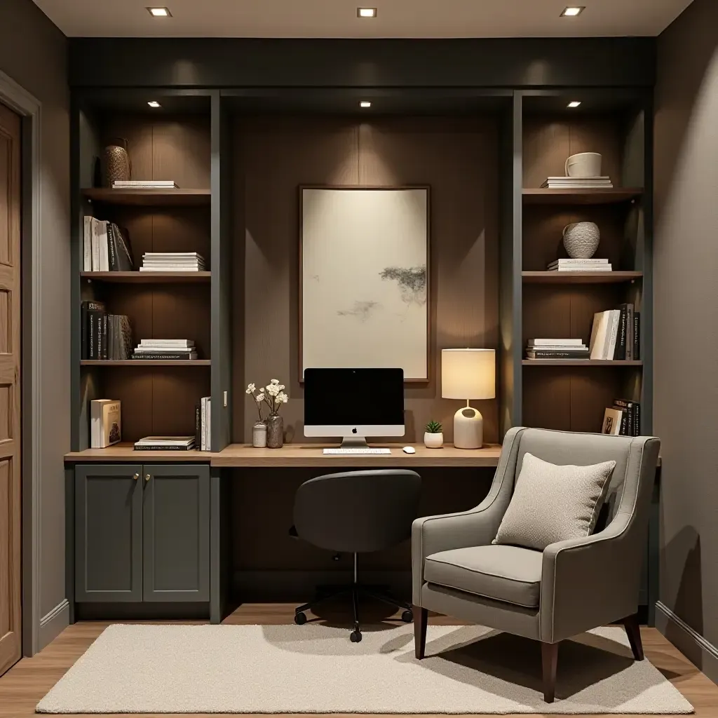 a photo of a basement office nook with shelves for books and decor