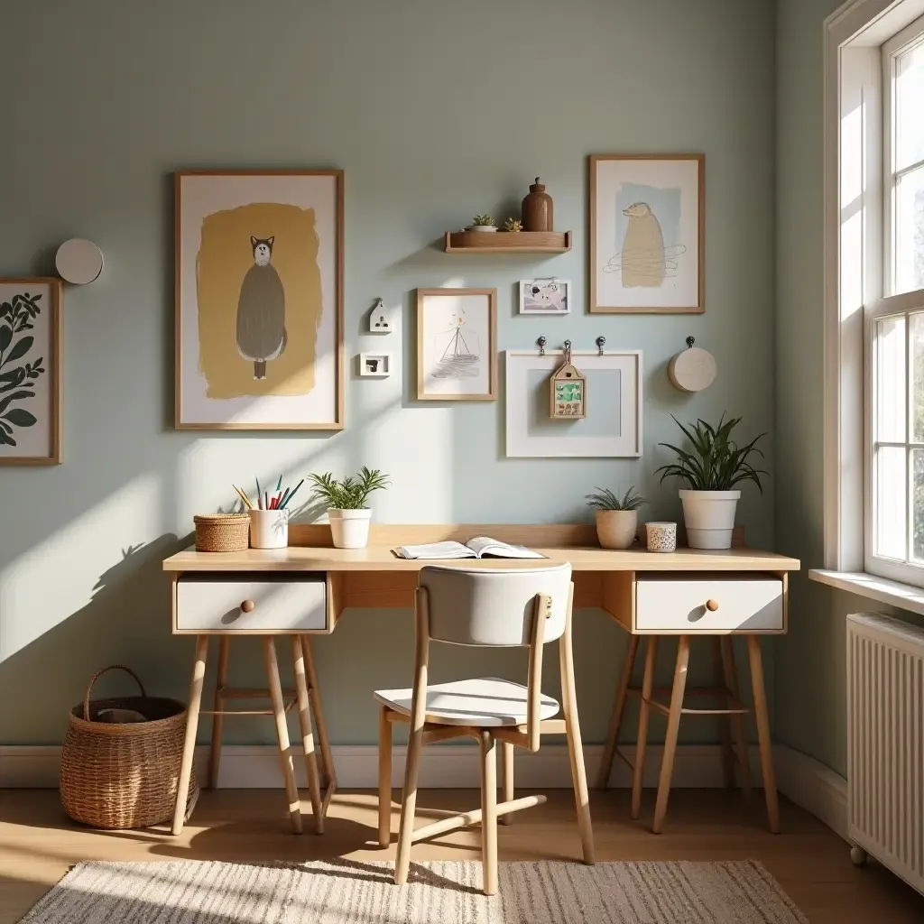 a photo of a vintage-style kids&#x27; room with a farmhouse desk and art supplies