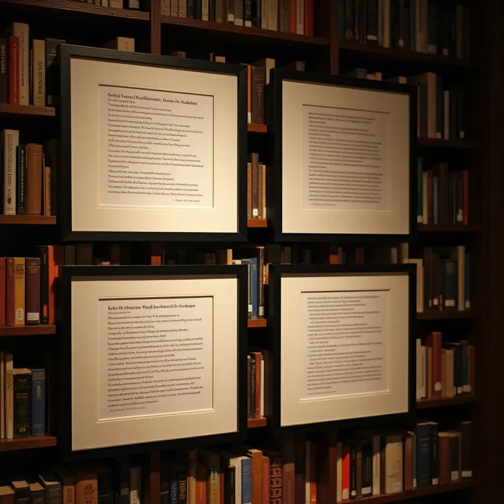 a photo of framed literary quotes on a library wall