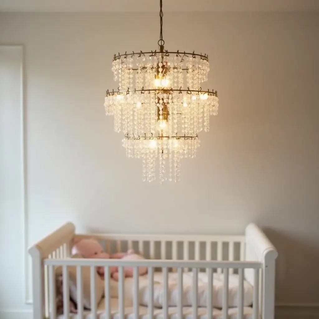 a photo of an elegant crystal pendant light in a luxury nursery