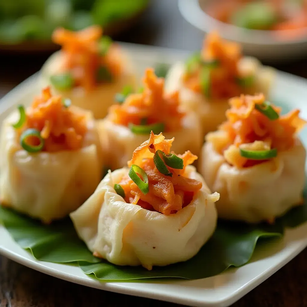 a photo of Miang Kham, bite-sized wraps with roasted coconut, lime, and dried shrimp, colorful presentation.