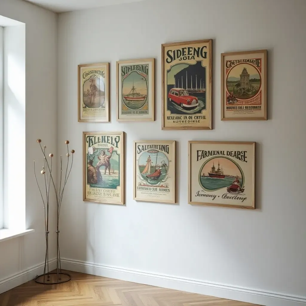 a photo of a vintage travel poster gallery wall in a hallway