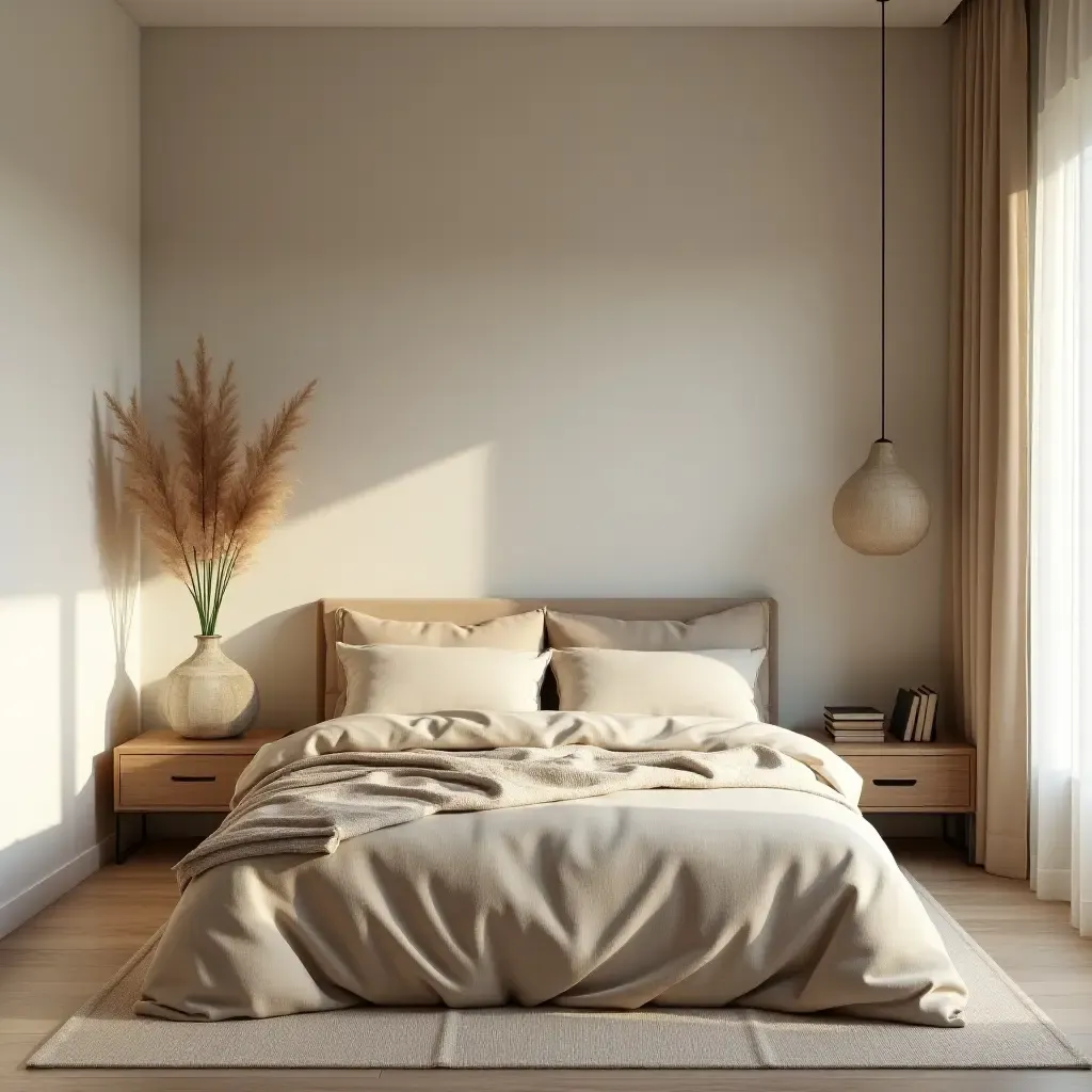 a photo of a minimalist bedroom with earth tones and natural textures