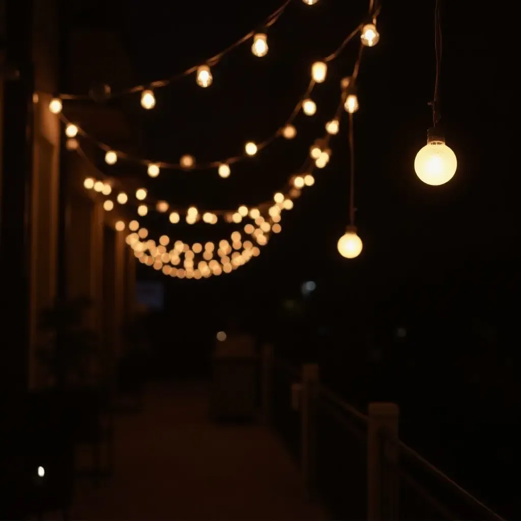 a photo of a balcony with pendant lighting creating a festive vibe