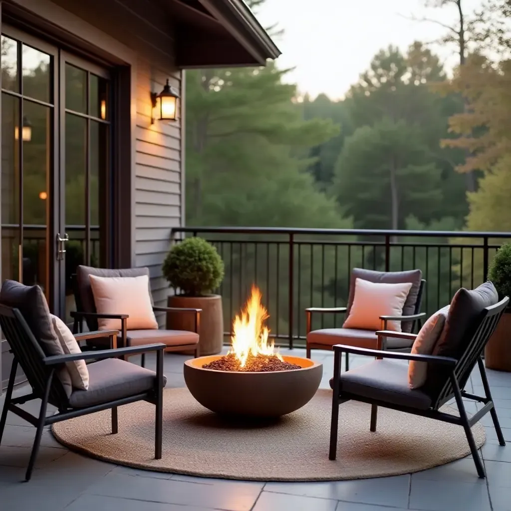 a photo of a balcony with a rustic fire pit and industrial chairs