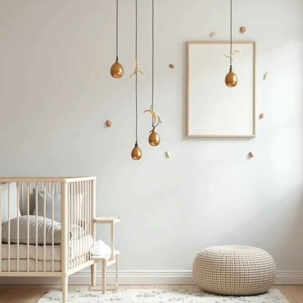 a photo of a nursery with metallic accents in the mobile design