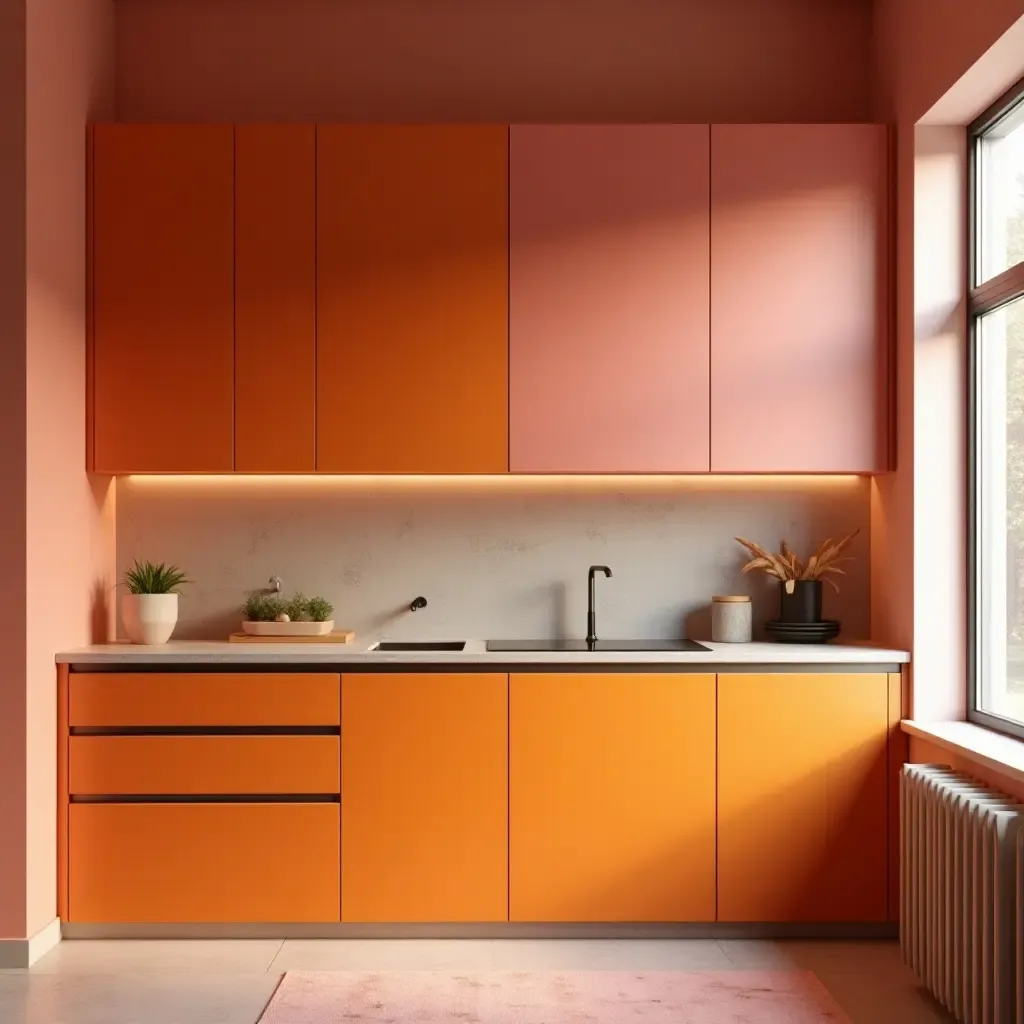 a photo of bright orange and soft pink cabinets in a cozy space