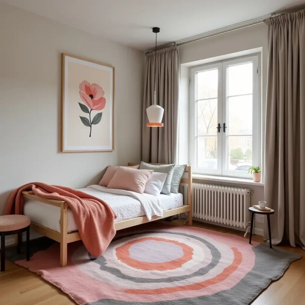 a photo of a funky graphic rug in a youthful bedroom