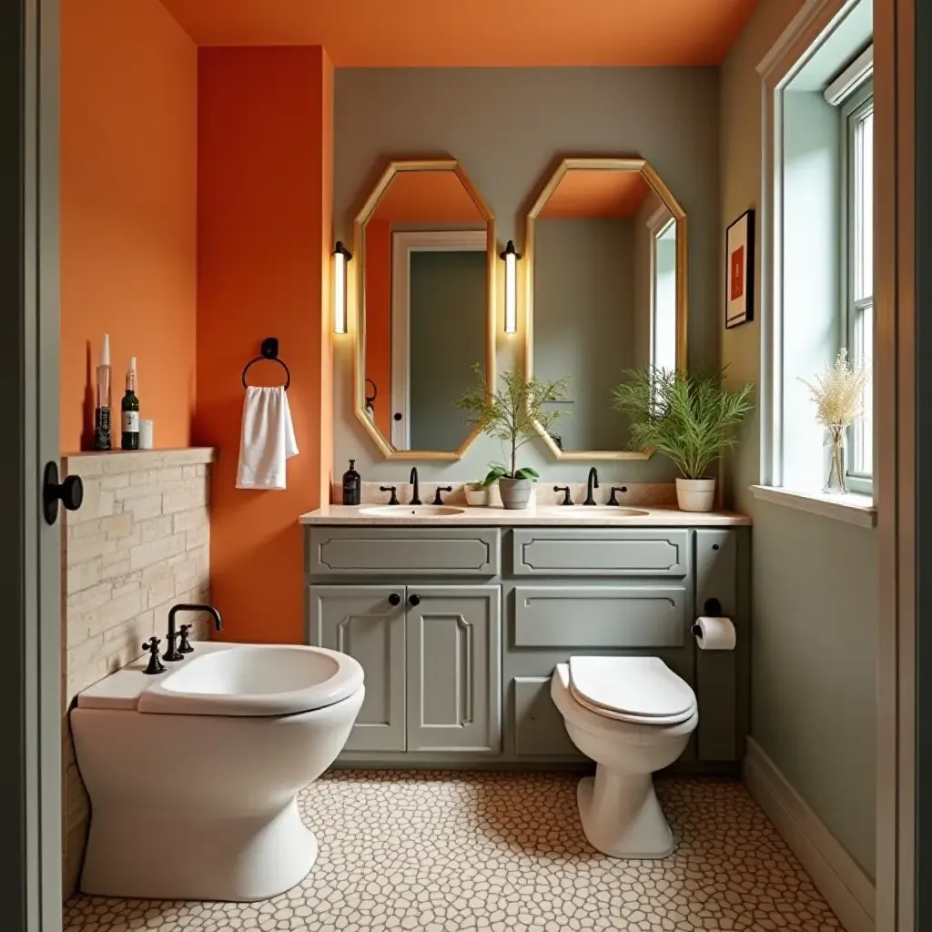 a photo of a small bathroom with a bold color palette and unique accessories