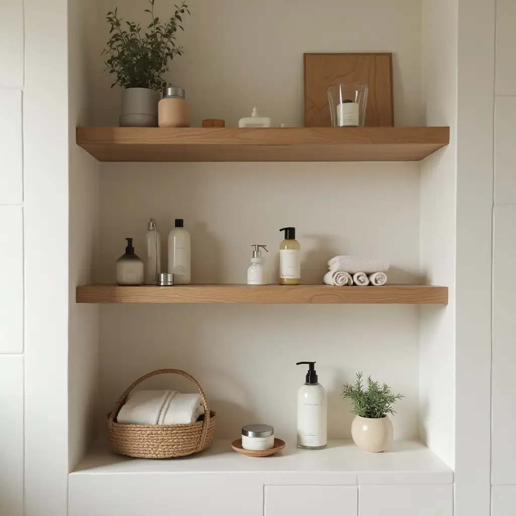 a photo of wooden shelves displaying bath products in a cozy bathroom