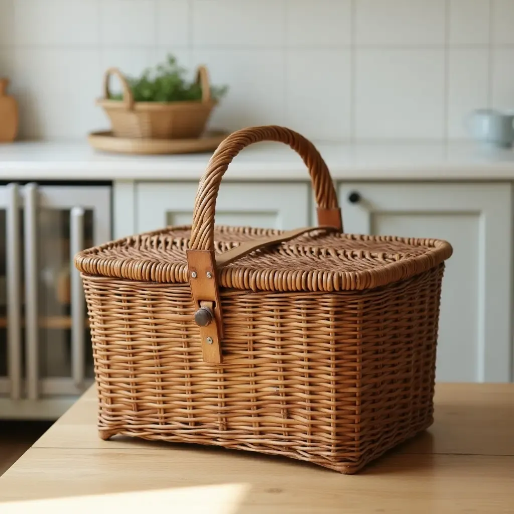 a photo of a vintage picnic basket used for kitchen storage