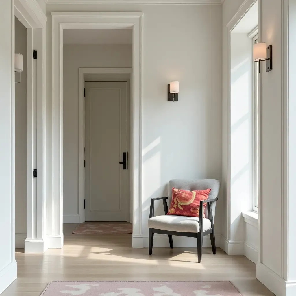 a photo of a contemporary entrance hall with abstract throw pillows on a modern chair