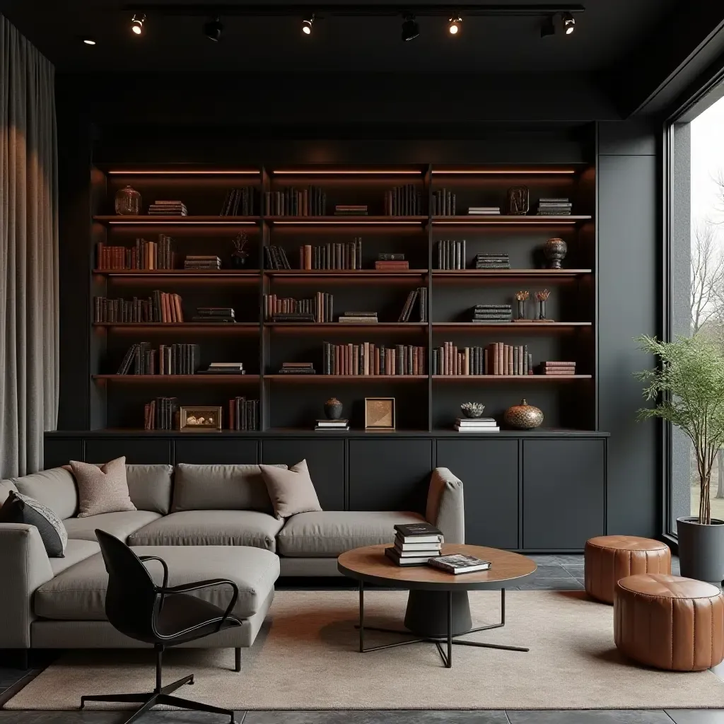 a photo of a sophisticated dark gray and copper library with industrial vibes