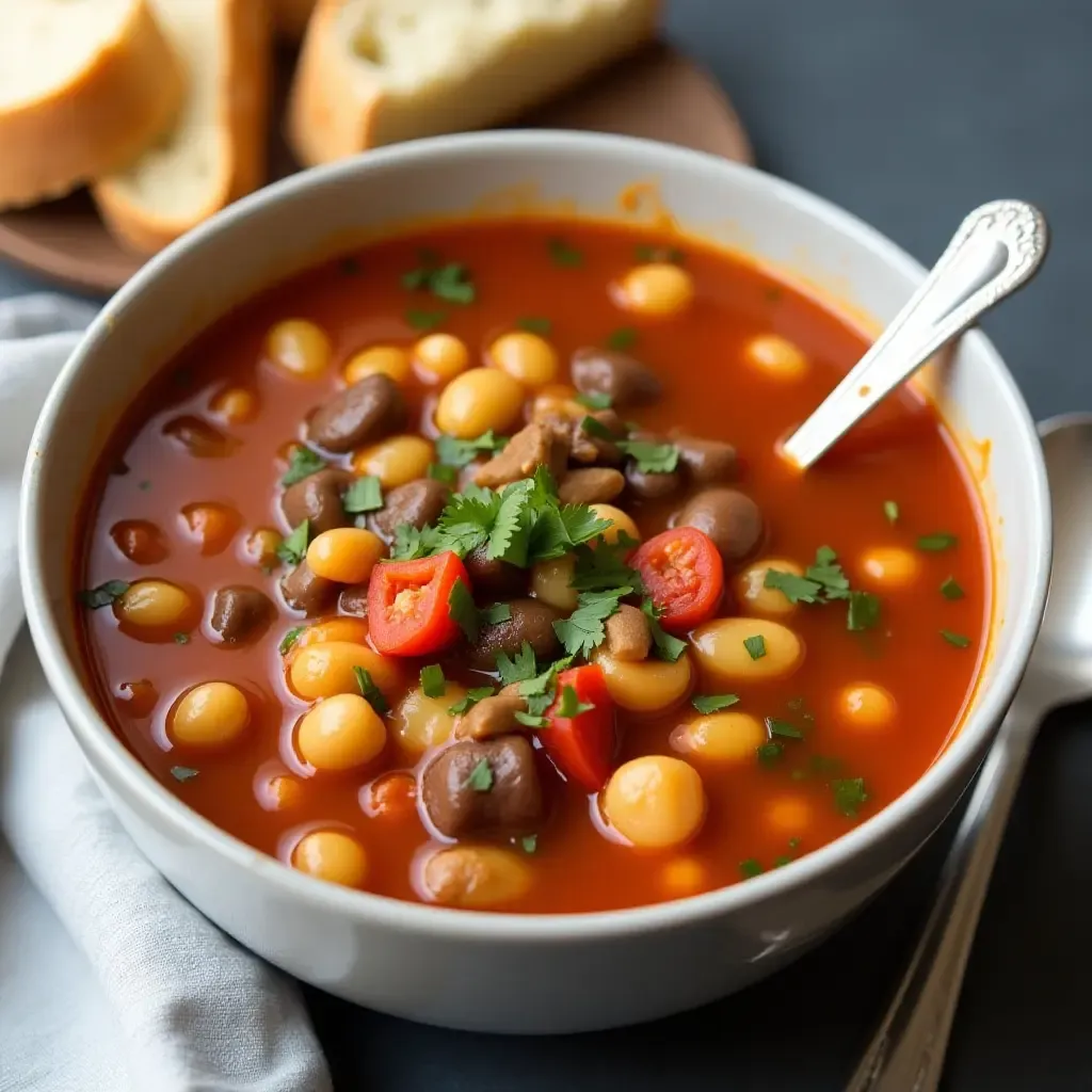 a photo of a hearty bowl of fasolada, a Greek bean soup, served with crusty bread.