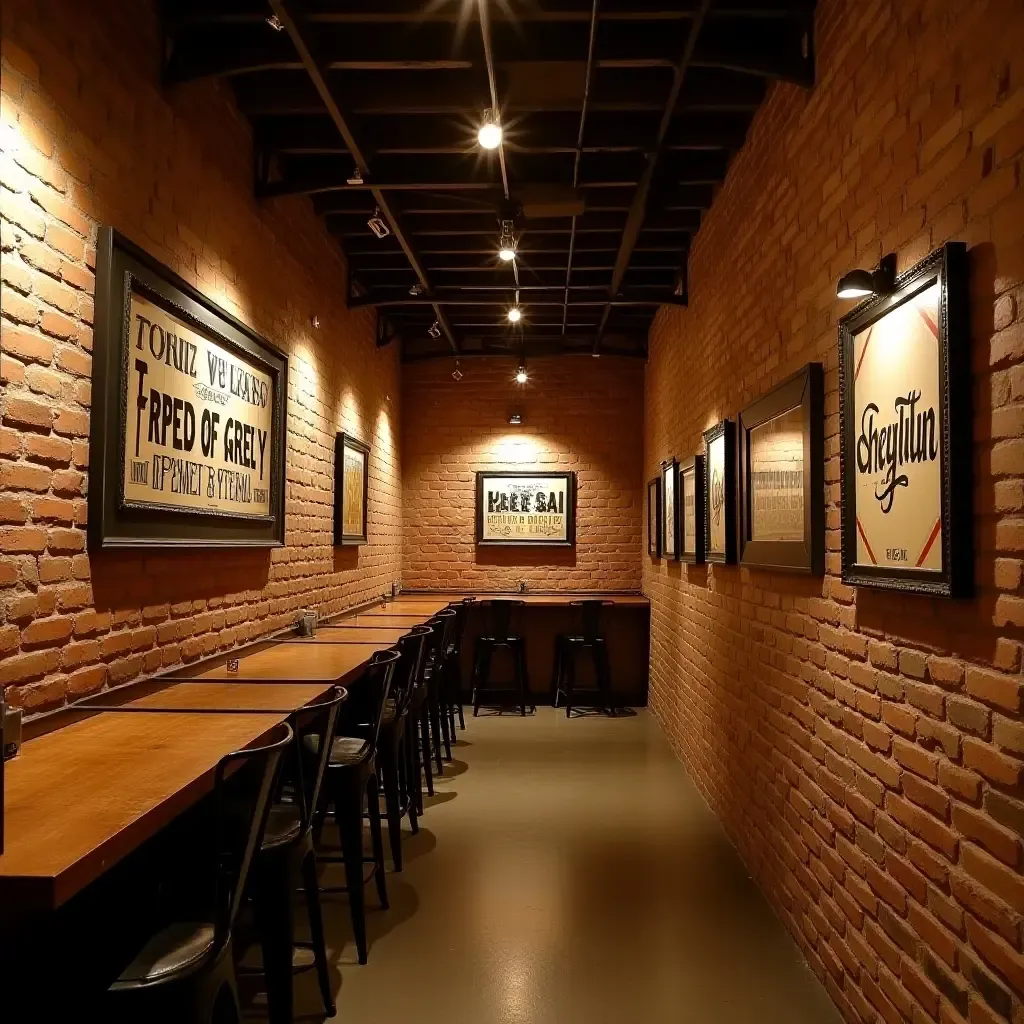 a photo of exposed brick walls adorned with vintage metal signage in a basement