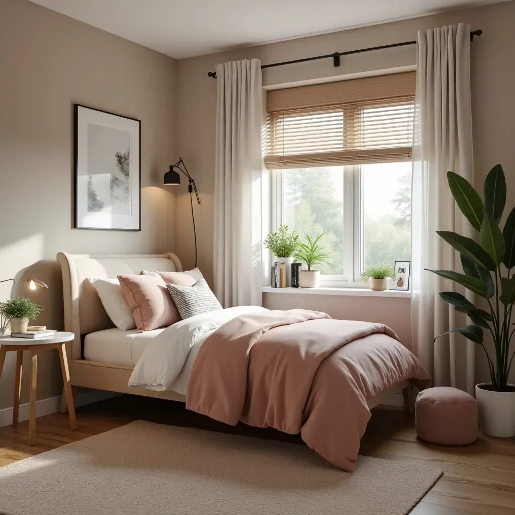 a photo of a small teen bedroom with a study corner