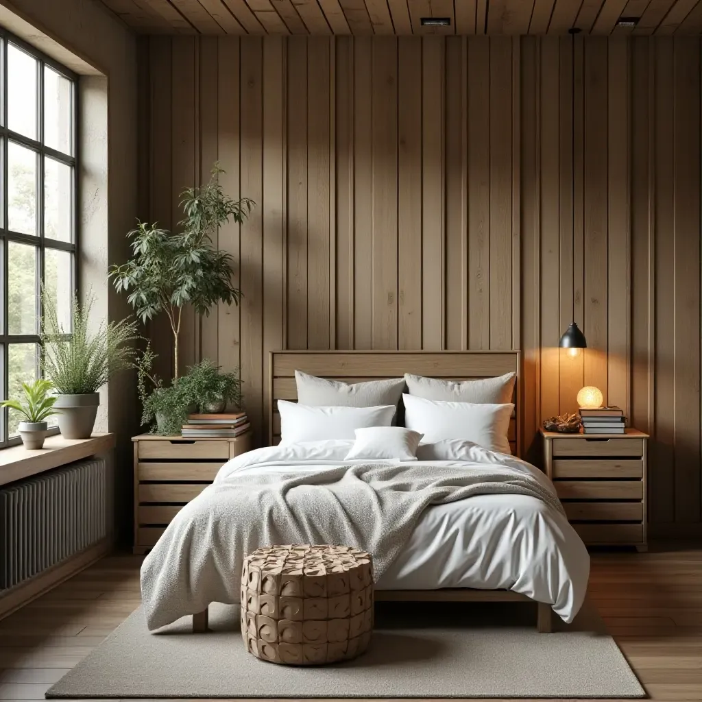 a photo of a rustic bedroom with wooden plant crates