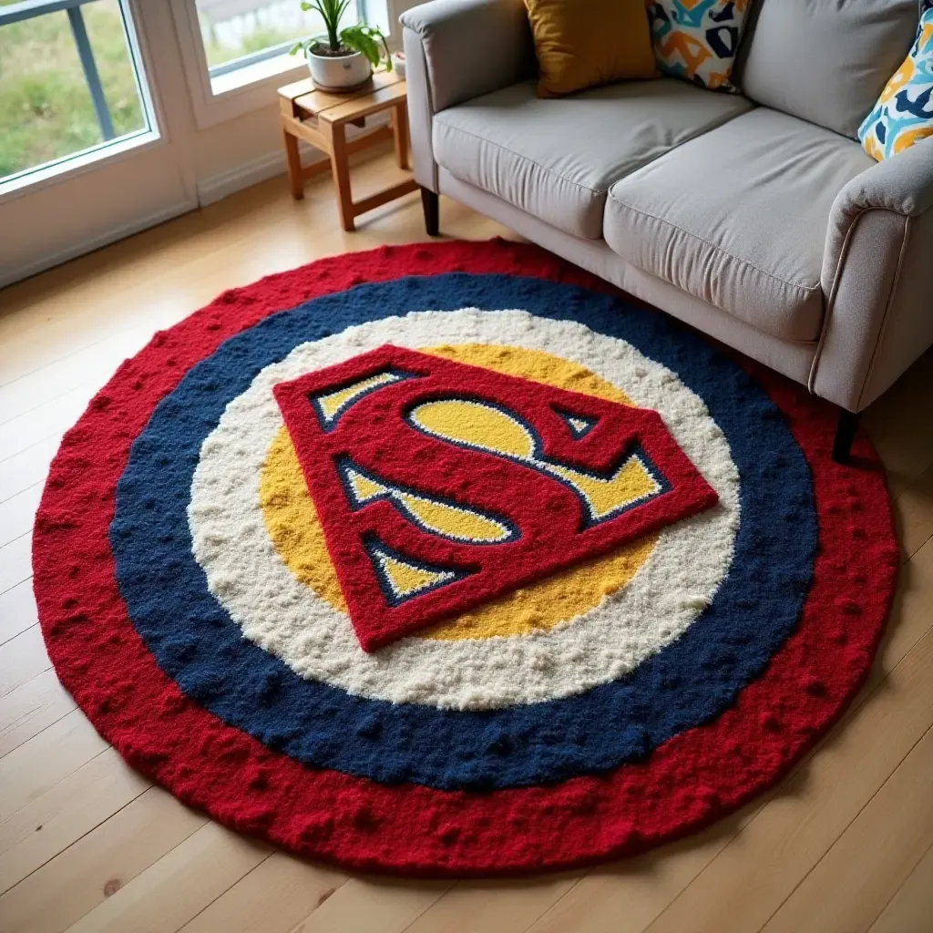 a photo of a rug with a superhero theme for aspiring heroes