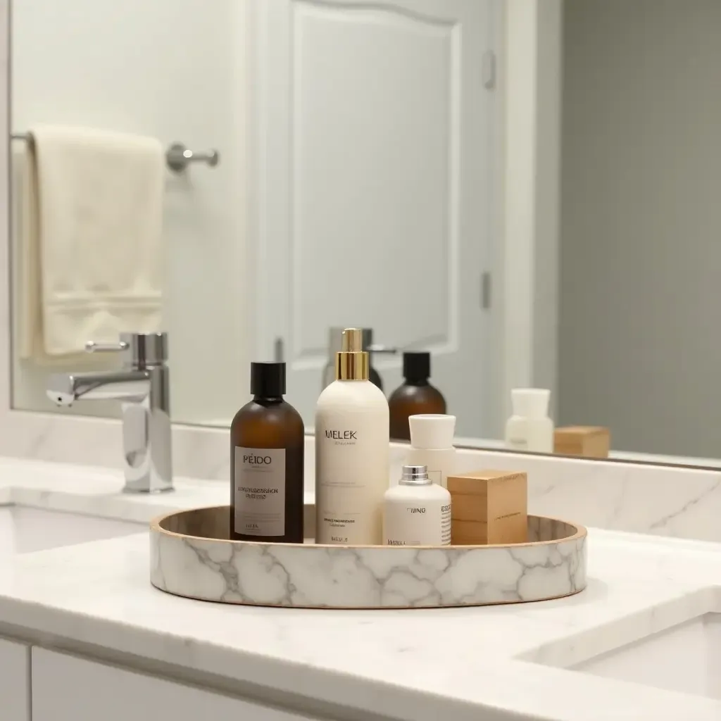 a photo of a bathroom with a decorative tray for cosmetics