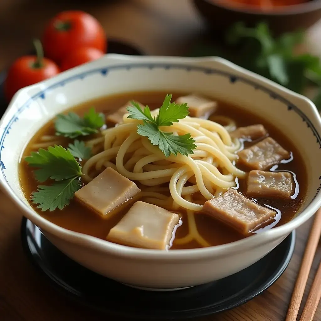 a photo of Kuay Chap, rolled rice noodles in a dark herbal broth with pork and tofu.