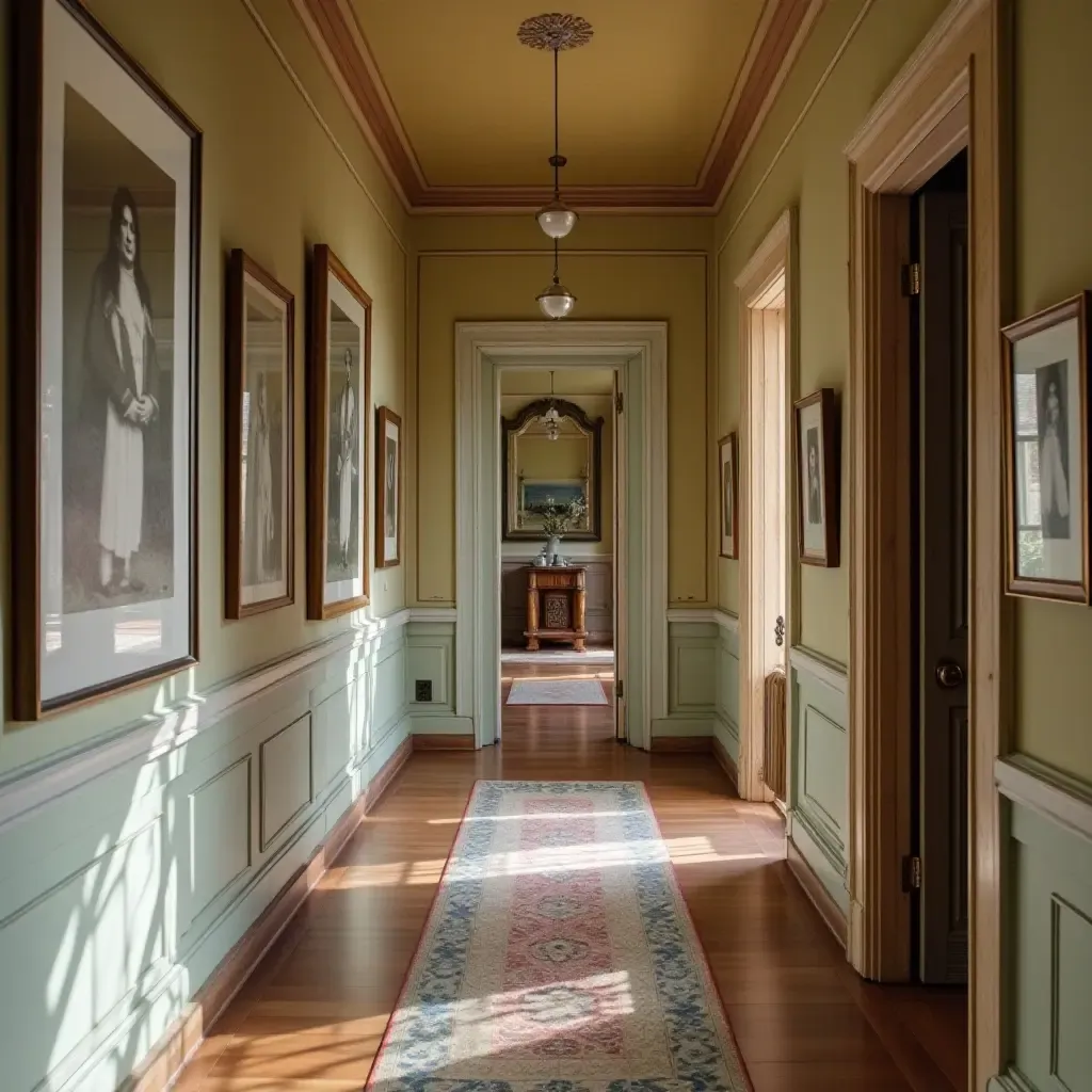 a photo of a hallway adorned with vintage framed photos