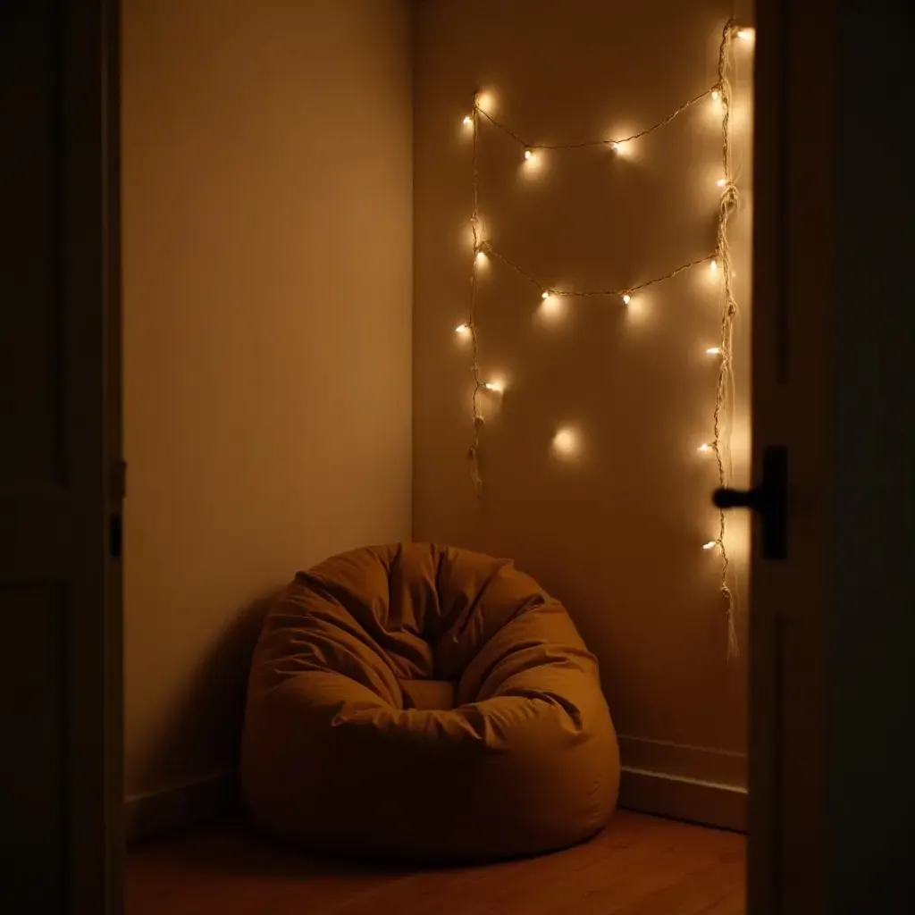 a photo of an inviting corner with a bean bag and fairy lights