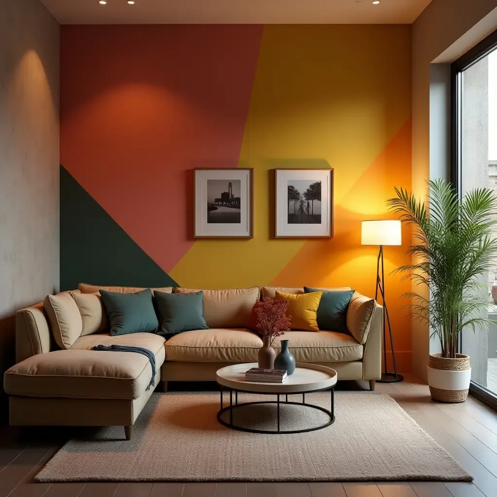 a photo of a small living room with a colorful accent wall and lights