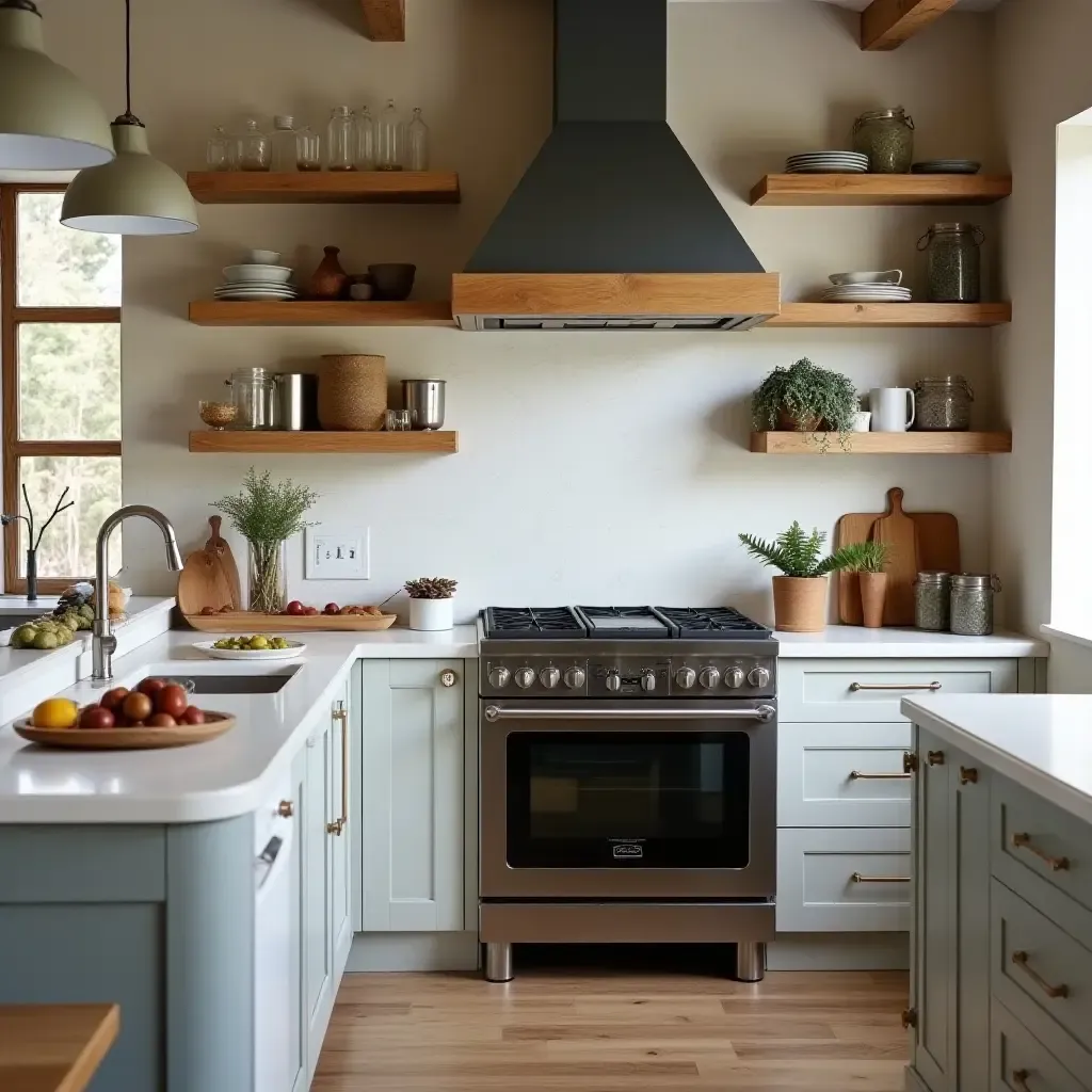 a photo of a kitchen with a mix of modern appliances and rustic decor