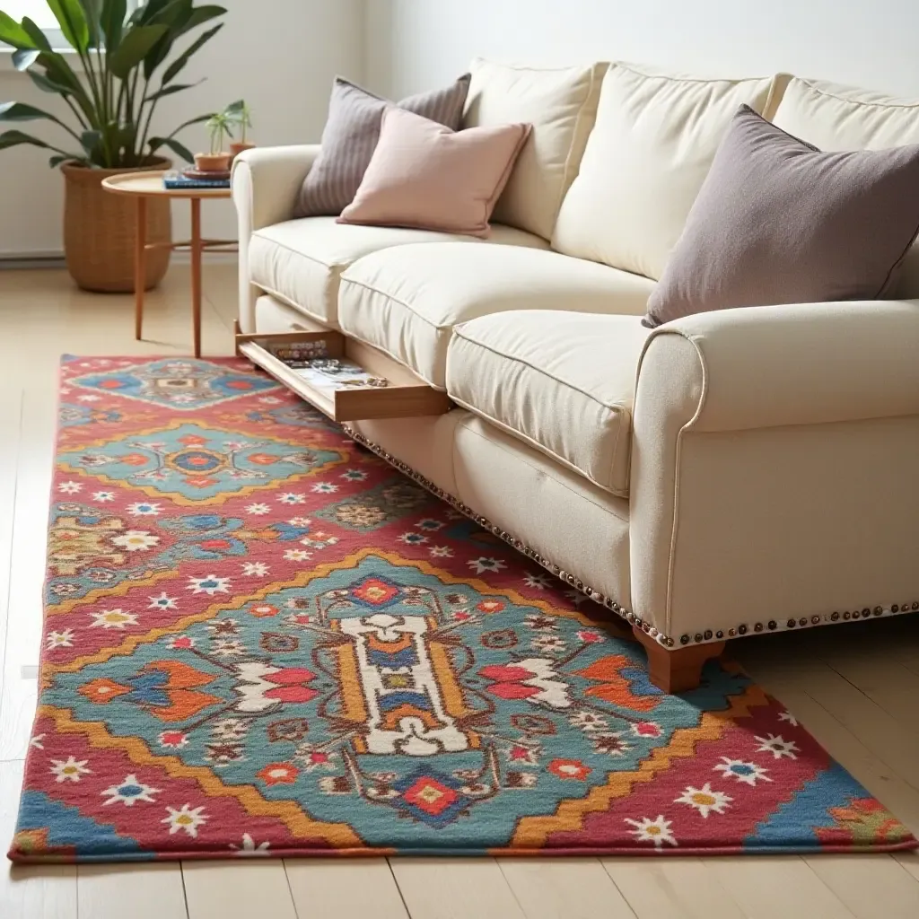 a photo of a colorful rug with hidden storage pockets