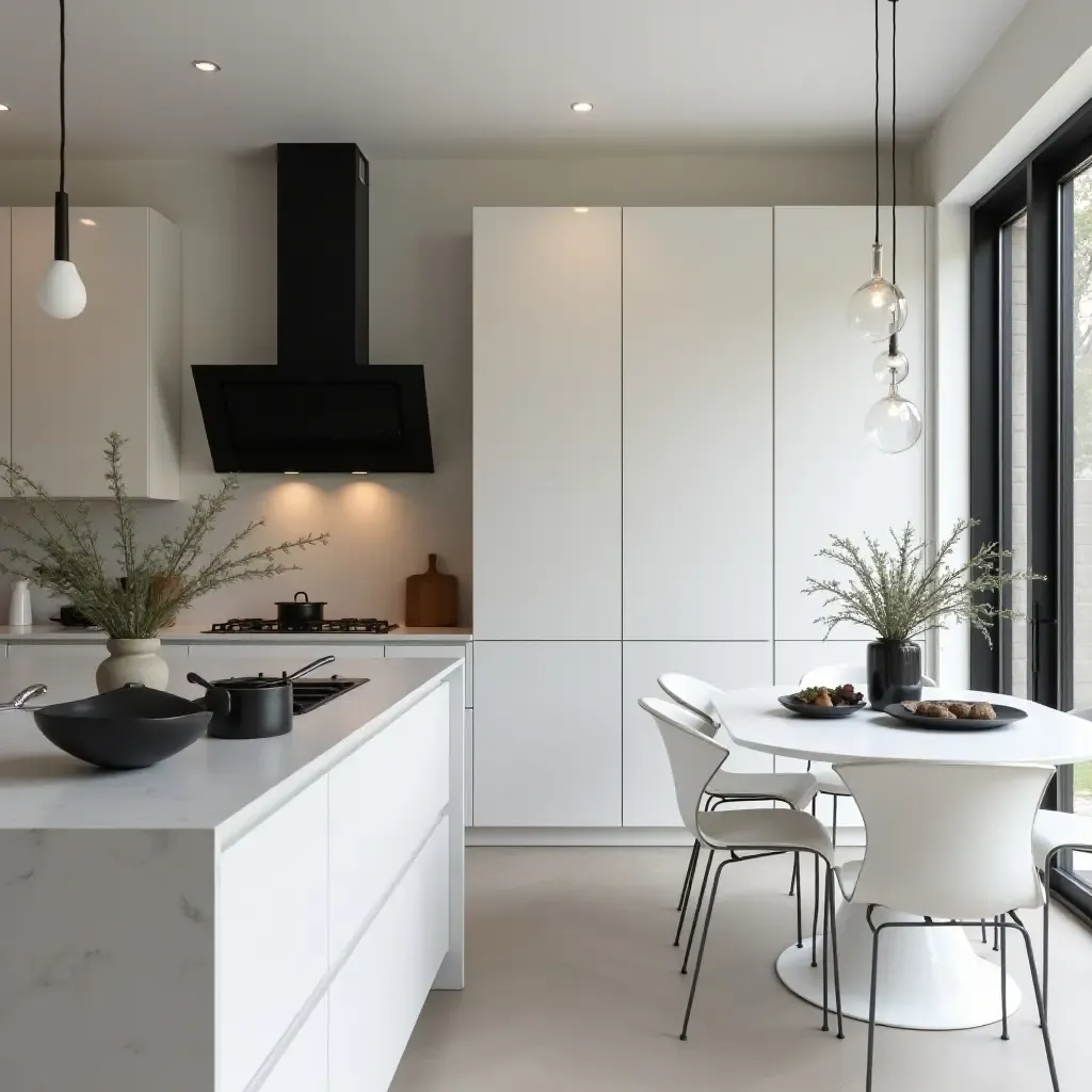 a photo of a sleek kitchen with a monochrome palette and minimalist decor