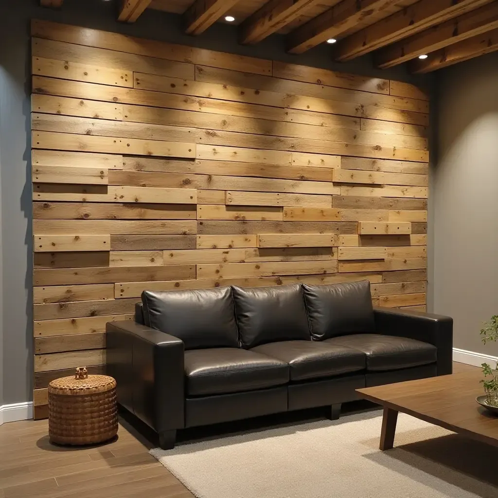 a photo of a creative wall display using repurposed wood pallets in a basement