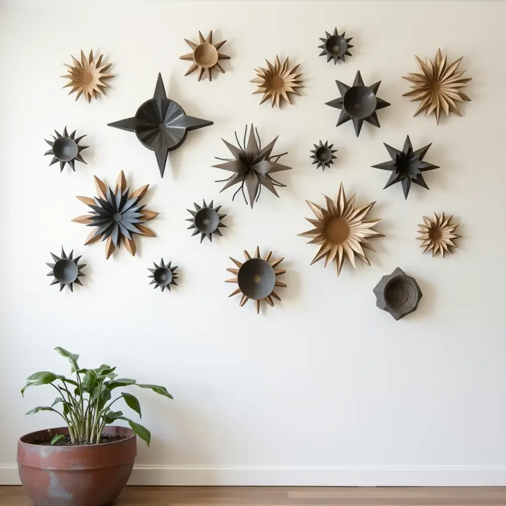 a photo of a gallery wall featuring 3D wall art made from recycled materials