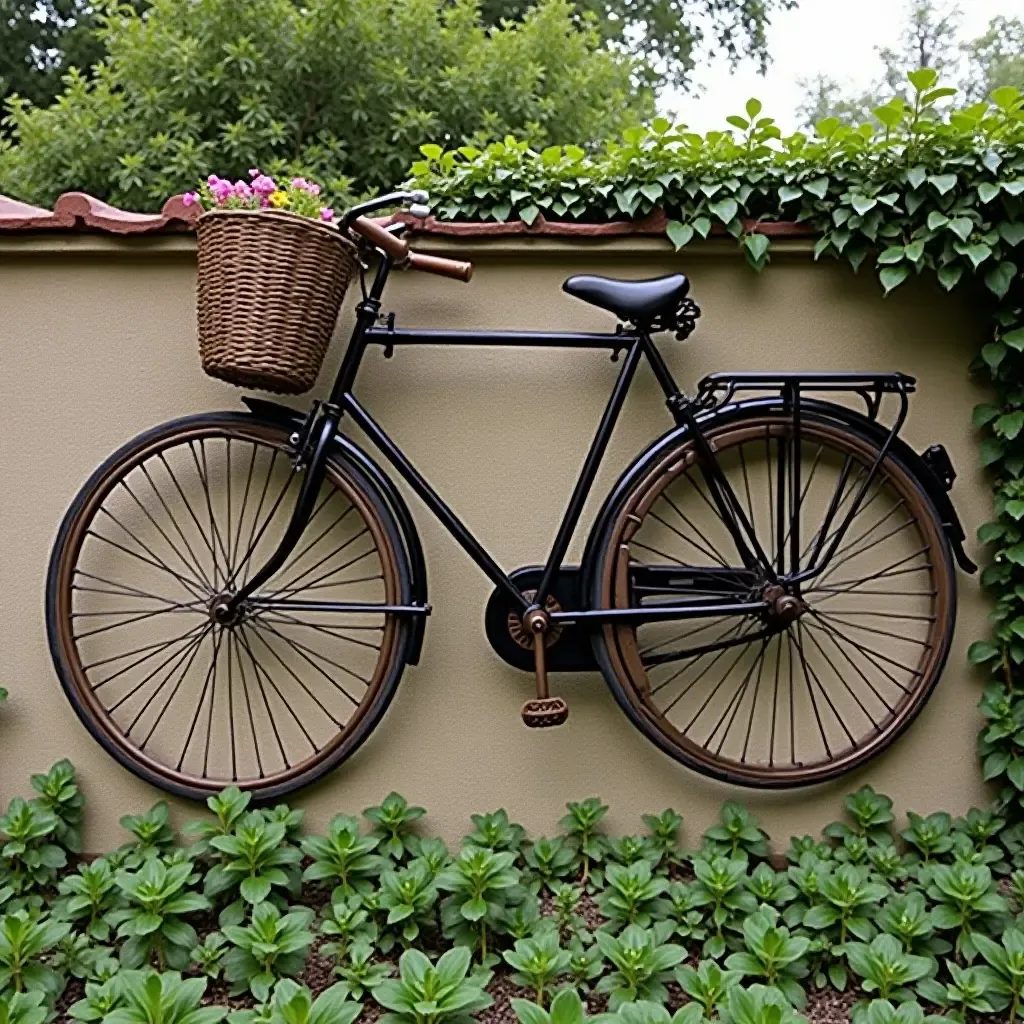 a photo of a vintage bicycle mounted on a garden wall