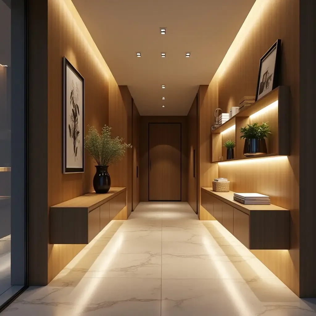 a photo of a stylish entrance hall with floating shelves and ambient lighting