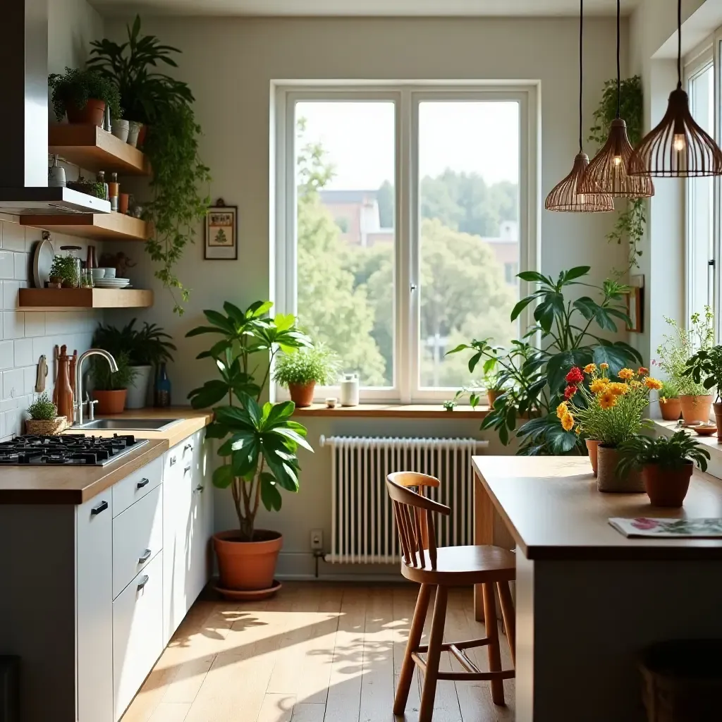 a photo of a kitchen with a mix of indoor plants and flowers