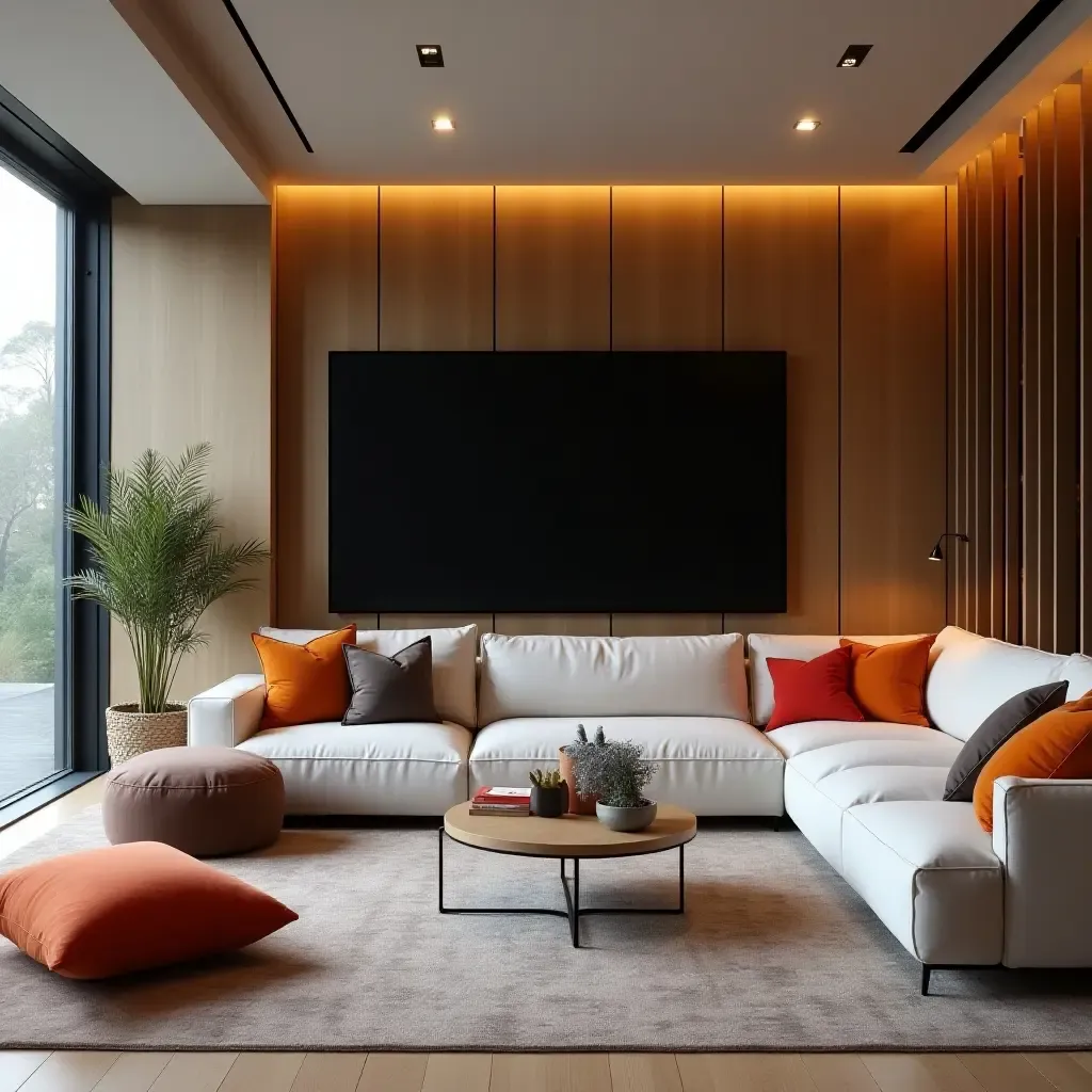 a photo of a corner TV surrounded by a modern sectional sofa and vibrant cushions