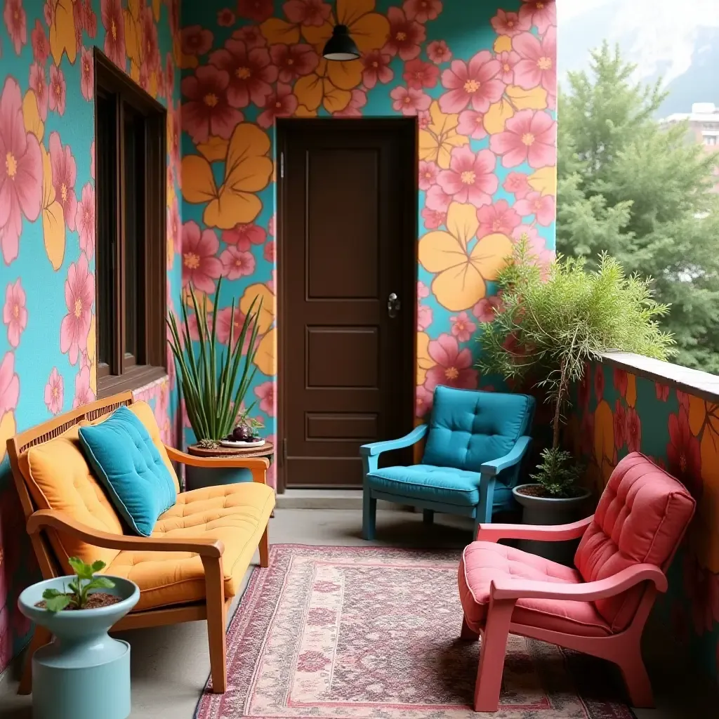 a photo of a small balcony with a mural and vibrant furniture