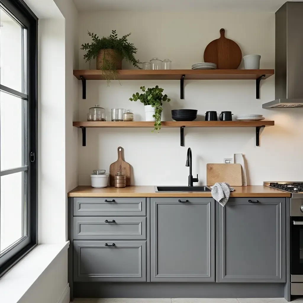 a photo of a kitchen with metal shelves and wooden accents