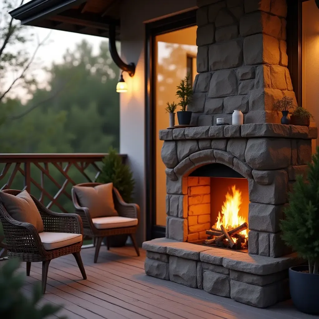 a photo of a balcony showcasing a charming outdoor fireplace for warmth