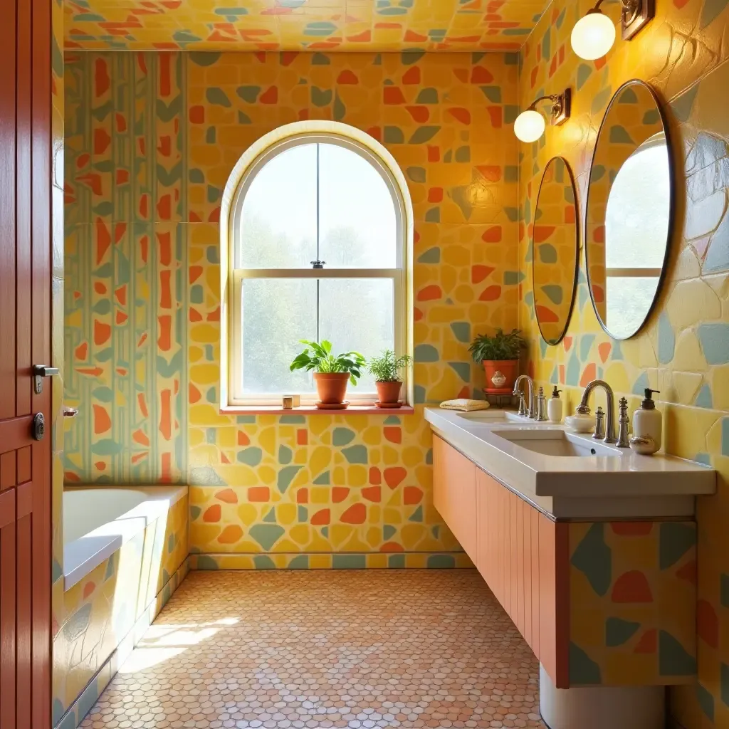 a photo of a retro bathroom with bright colored tiles and funky patterns