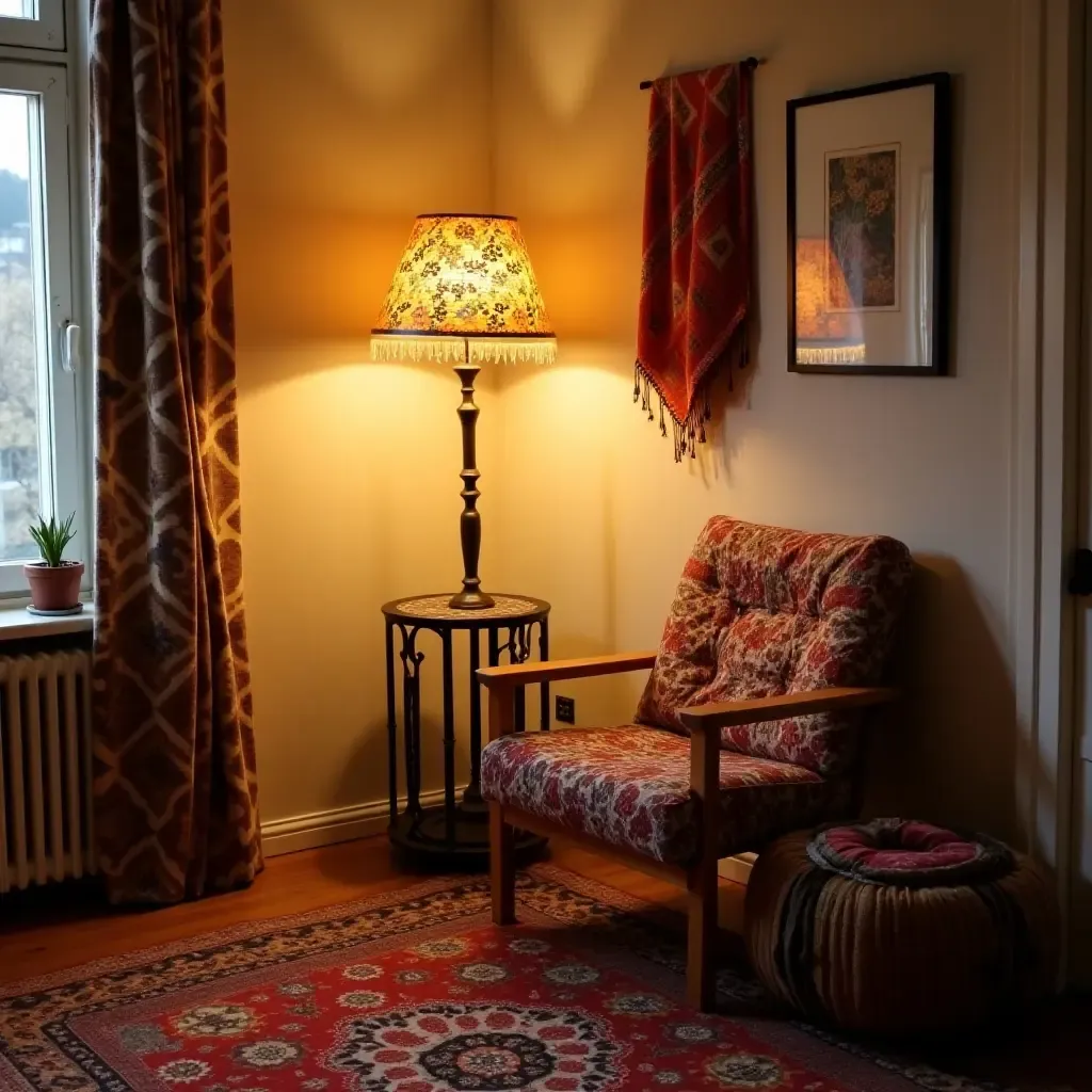 a photo of a cozy corner with a floor lamp and bohemian textiles